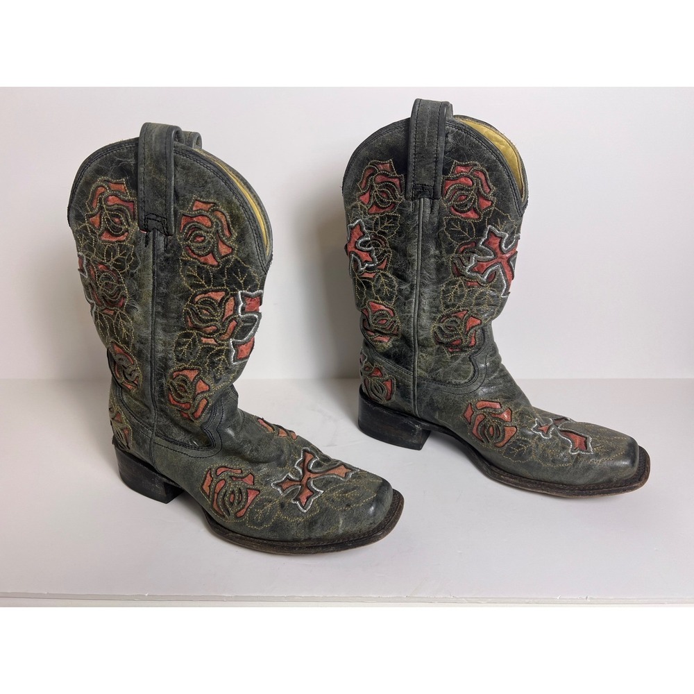 Corral Womens Western Boots Square Toe Pink Inlay Roses Cross Grey Leather 7.5